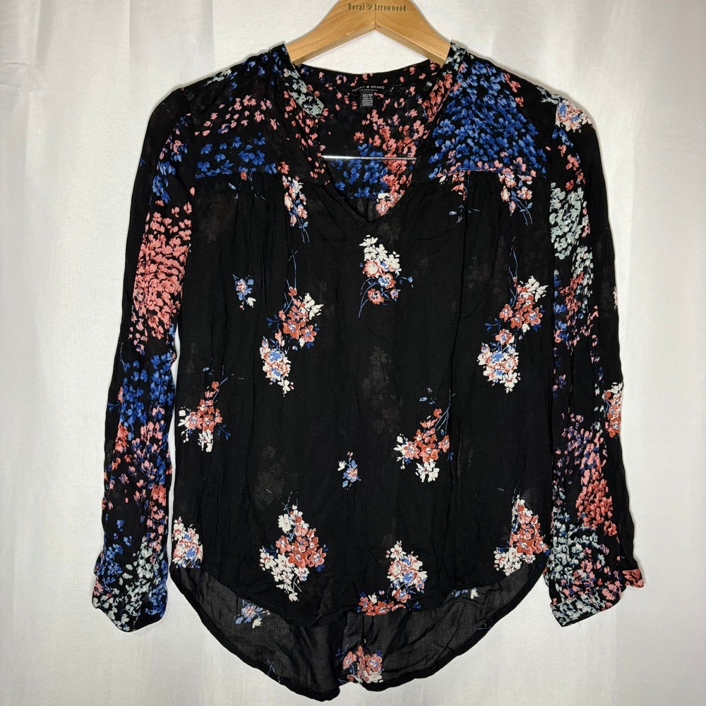 Lucky Brand Womens Floral V-Neck Sheer Blouse Black Long Sleeve XS High Low Top